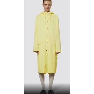 Rains NWT Veste Longer Rain Jacket Sz Large Unisex Womens Straw Yellow Hooded Lo